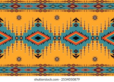 	Nativo Navajo americano Southwestern padrão tecido têxtil tribal sudoeste asteca cultura navajo amarelo azul para papel de parede, decoração, moda, fundo, tapete, tapete, cobertor,