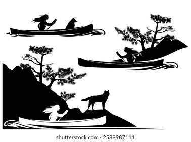 native north american rowing in traditional boat with river bank, pine trees and wolf silhouette - black and white hand drawn vector design set for wilderness adventure pursuit