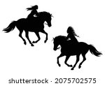native north american tribal chief and indian woman riding galloping horse - black and white vector silhouette outline set