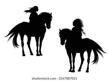 native north american tribal chief and indian woman riding standing horse - black and white vector silhouette outline set