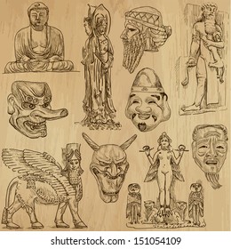 Native and Old Art around the World (set no.5). Collection of hand drawn illustrations (originals, no tracing). Each drawing comprise of two layers of outlines, colored background is isolated.