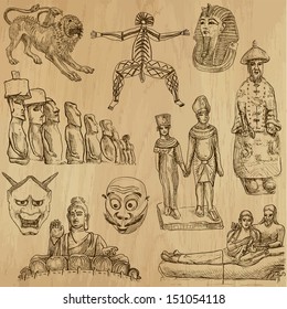 Native and Old Art around the World (set no.3). Collection of hand drawn illustrations (originals, no tracing). Each drawing comprise of two layers of outlines, colored background is isolated.