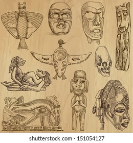 Native and Old Art around the World (set no.1). Collection of hand drawn illustrations (originals, no tracing). Each drawing comprise of two layers of outlines, colored background is isolated.
