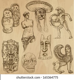 Native and old art around the World (set no.9). Collection of hand drawn illustrations (originals, no tracing). Each drawing comprises of two layers of outlines,the colored background is isolated.
