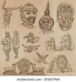 Native and old Art pack. Description - Vectors, freehand sketching. Editable in layers and groups. Background is isolated. All things are named inside the vector file.