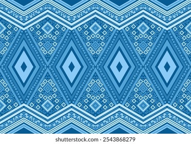 Natives Muster mit geometrischen Formen, blau, kann in jede Richtung verbunden werden.