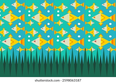 Native pattern A school of fish in the river with the water in shades of blue and light green