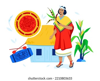 Mujer campesina nativa - afiche vectorial de color moderno sobre fondo blanco con choza, maíz, tambor y círculo de calendario mayas tradicionales. Antiguos pueblos, agricultura, ropa étnica y idea de vida tribal