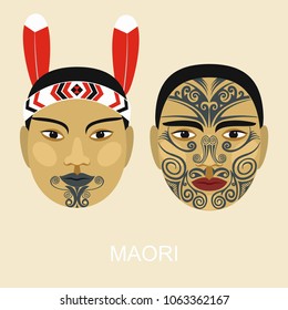 Native people. Maori. The tattoo on a face. Portrait of a man and a woman. Vector illustration.