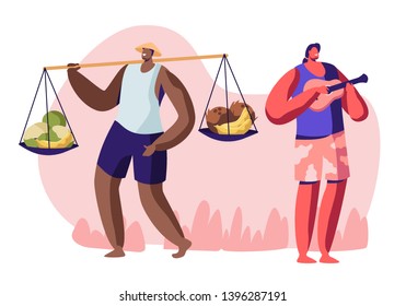 Native People Working on City Beach in Exotic Tropical Country. Man Sell Fruits to Tourists, Musician Playing on Ukulele to Relaxing People. Summertime Season Work Cartoon Flat Vector Illustration