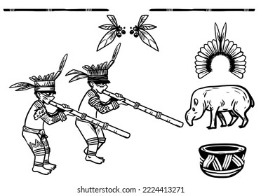 Native peoples of the Xingu. Headdress, tapir and pottery.