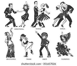 Native  popular dance pair and individual performance black icons set with disco and flamenco isolated vector illustration