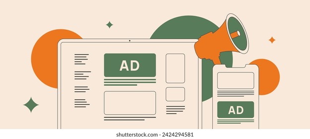 Native and programmatic advertising. Contextual targeting in programmatic ad strategy. Explore latest trends in digital programmatic advertising, media promotion. Isolated flat outline illustration