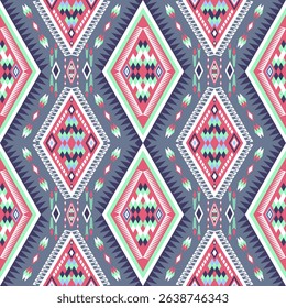 Native Seamless Pattern Red Green Blue Ethnic Tribal Aztec Navajo Geometric Ornament Design for background, rug, wallpaper, wrapping, cloth, fabric, textile, carpet, tile, embroidery