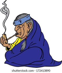 Native shaman smoking tobacco-pipe