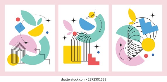 Native shapes bauhaus print with fairy tale aesthetic. Set of Creative geometric art poster. Memphis and hipster style. Gelatos Color. Minimalist aesthetic for nursery. Arches, rainbow, sparkles