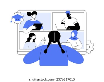 Native speaker isolated cartoon vector illustrations. Girl having video conference with native speaker, foreign language learning, multicultural online meeting, virtual education vector cartoon.