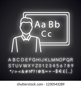 Native speaker neon light icon. Foreign language tutor. Philologist, teacher. Language learning courses, school. Glowing sign with alphabet, numbers and symbols. Vector isolated illustration