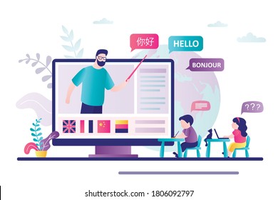 Native speaker teaches children foreign languages online. Children studying new language on courses. Kids speaking club. Word HELLO in different languages. Learning technology. Vector illustration