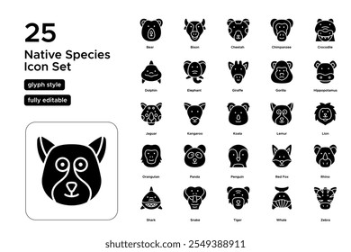 Conjunto de iconos de glifos de especies nativas: animales indígenas, equilibrio de ecosistemas e iconos de biodiversidad