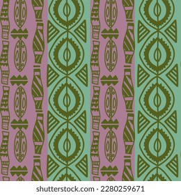 Native striped seamless abstract  pattern for fabric, textile or wallpaper made on red background. Hand drawn decorative elements. African geometric. Vector illustration.  Green, lilac, mint