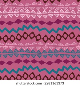Native striped seamless abstract  pattern for fabric, textile or wallpaper made on red background. Hand drawn decorative elements. African geometric. Vector illustration.  turquoise, dark pink