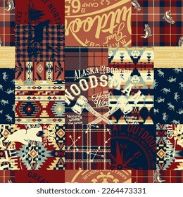 Native and tartan plaid fabric with outdoor typography graphic patchwork vintage abstract vector seamless pattern