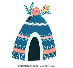 Native teepee tent. American Native wigwam Tent for Kids in boho style. Ideal for printing, postcards, decorating a children room. Flat cartoon vector illustration isolated on the white background. 