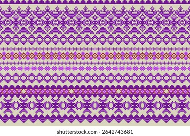 Padrão de costura de linha nativa sem costura bordado sem costura textura. Motivos étnicos tradicionais, padrão de tecido geométrico ikat, crossstitch. Bordado Arte étnica pixel. Ilustração vetorial