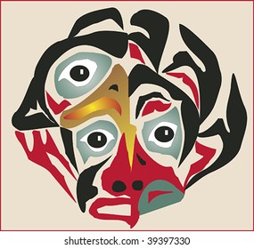 Native three-eyed mask rendered in Northwest Coast Native style.