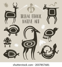 Native totem animals. Tribal ethnic animal drawings, lizard deer fish frog goat bird drawn totems beast symbols, indigenous tattoo mythology brute primitive ornament signs