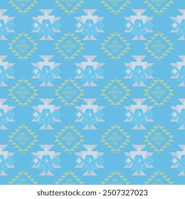 Native and tribal fabric patterns that have been adapted for use in fashion. Appropriate clothing and home decoration. Pastel tones of blue, white and pink..