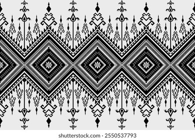 Patrón tribal nativo sin fisuras. Patrón étnico estilizado azteca. Diseño de tela Boho. Fondo Abstractas motivos populares estampado de rayas blancas y negras para ropa, textil, Fondo de pantalla. Ilustración vectorial
