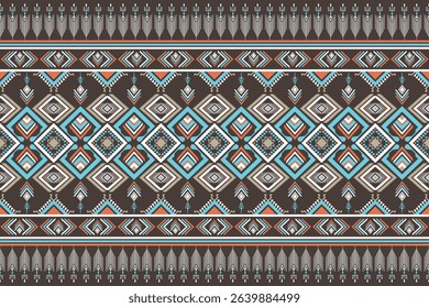 Native Tribal Traditional Ethnic Geometric Seamless Pattern Indigenous Orange Light Blue on Dark Brown Background Design for rug, curtain, wallpaper, wrapping, cloth, fabric, textile, embroidery