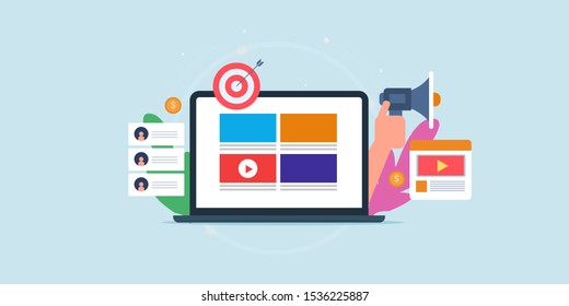 Native video advertising, Engaging video, Social media marketing - flat design vector illustration with icons on isolated background