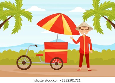 Native Vietnamese Man Character in Straw Conical Hat Standing at Stall Vector Illustration