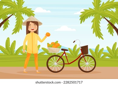 Personaje nativo vietnamita con sombrero cónico de paja vendiendo fruta naranja madura de vectores de bicicleta Ilustración