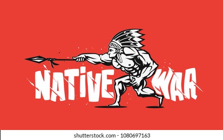 Native war Print design for Tshirt, soldier with arrow, fight, vector illustration