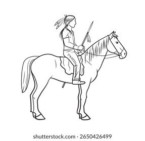 Native warrior on horseback – outline vector illustration