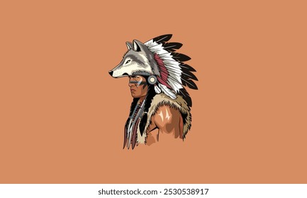 Guerrero nativo con un tocado de lobo y atuendo tribal.