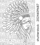 Native Woman With Feather Headdress Side Looking Colorless Line Drawing. Lady With Eagle War Bonnets Coloring Book Page.