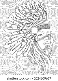Native Woman With Feather Headdress Side Looking Colorless Line Drawing  Lady With Eagle War Bonnets Coloring Book Page 
