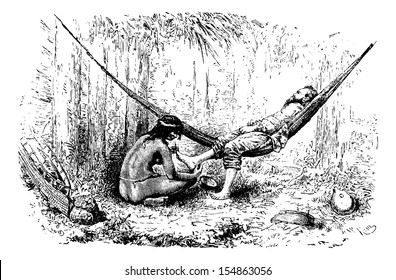 Native Woman Removing Jiggers From Feet in Oiapoque, Brazil, drawing by Riou from a sketch by Dr. Crevaux, vintage engraved illustration. Le Tour du Monde, Travel Journal, 1880