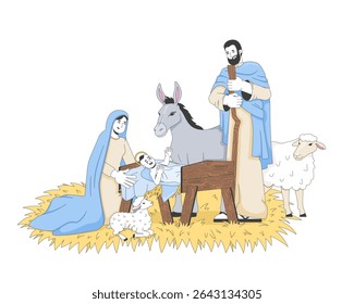 Nativity with baby Jesus and family 2D cartoon bible characters. Divine newborn in manger, surrounded by Mary, Joseph, donkey, lambs flat vector people isolated on white. Spot illustration colorful