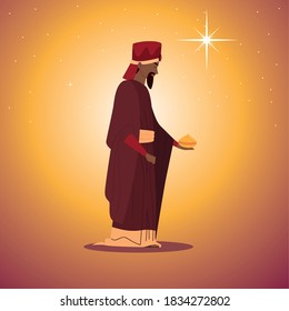 nativity, Balthazar wise king character manger with gift for birth of Christ vector illustration