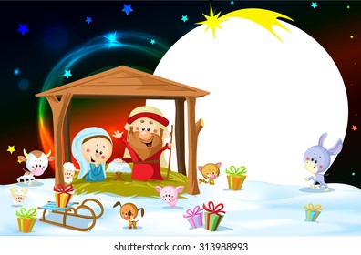 Nativity in Bethlehem with animals - Christmas vector oval frame illustration