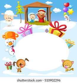 Nativity in Bethlehem with animals - Christmas vector oval frame illustration