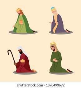 natividad caricaturista tres reyes sabios e iconos jospeh ilustración vectorial