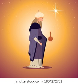 nativity, Caspar wise king character manger with gift for birth of Christ vector illustration