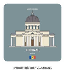 Nativity Cathedral in Chisinau, Moldova. Architectural symbols of European cities. Colorful vector 